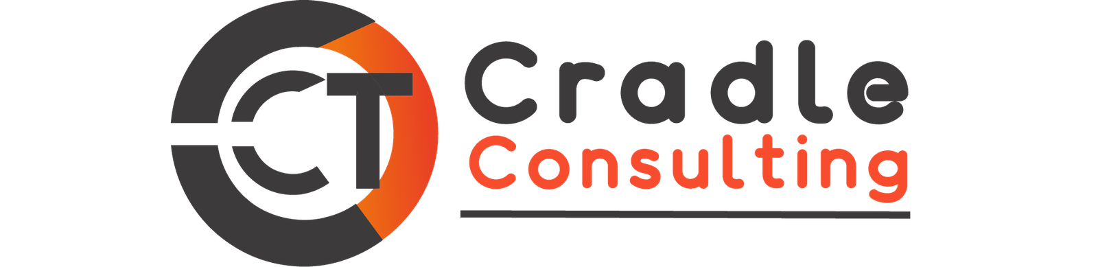 โลโก้ของ Cradle Consulting มีลักษณะเป็นวงกลม โดยมีอักษรย่อ "CT" อยู่ตรงกลาง และชื่อบริษัทเป็นข้อความสีดำและสีส้มทางด้านขวา