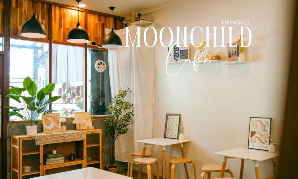 ภายในร้าน Moonchild Café ตกแต่งด้วยเฟอร์นิเจอร์ไม้ กระถางต้นไม้ งานศิลปะจากครัวแม่ปา และแสงไฟอบอุ่น หน้าต่างช่วยให้แสงธรรมชาติส่องเข้ามาในพื้นที่อันแสนสบายและเรียบง่าย