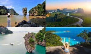 ภาพตัดปะสถานที่ท่องเที่ยวที่สวยงาม 4 แห่ง ซึ่งประกอบด้วยหินรูปร่างชายฝั่ง แม่น้ำที่คดเคี้ยวผ่านภูมิประเทศสีเขียว อ่าวที่เงียบสงบพร้อมหน้าผา และผู้หญิงคนหนึ่งที่มองเห็นทะเลสาบสีฟ้าใสของเขาตะปูพังงา