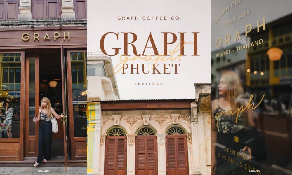 ด้านหน้าของบริษัท Graph Coffee Co. ในจังหวัดภูเก็ต  วัดพระใหญ่ภูเก็ต ประเทศไทย จัดแสดงทางเข้า ป้าย และบุคคลที่เข้ามาในสถานประกอบการ โดยมีทิวทัศน์ของวัดพระใหญ่ภูเก็ตเป็นฉากหลัง