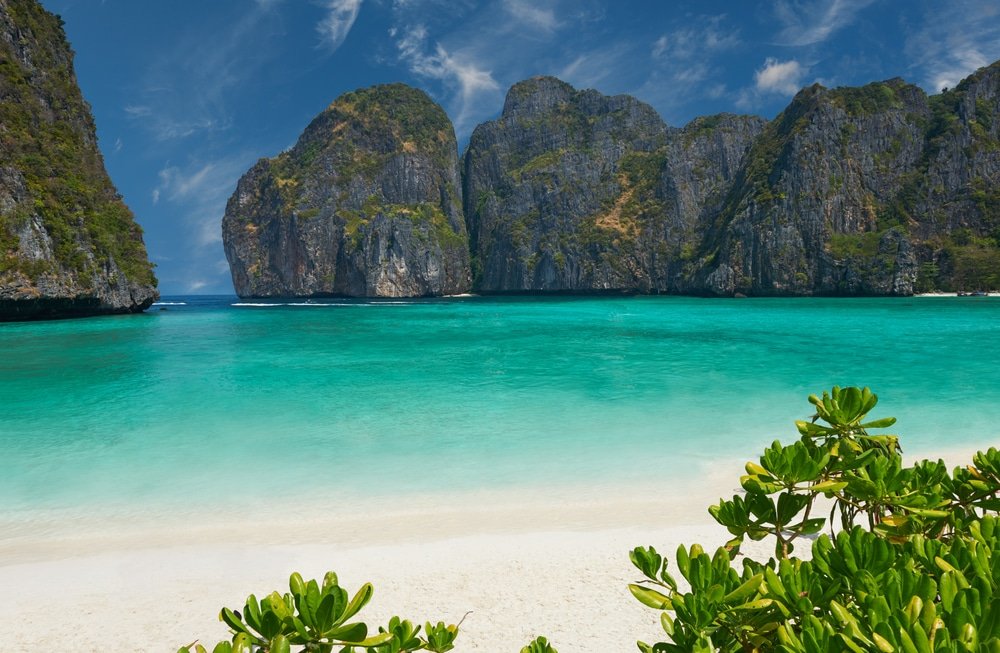 ชายหาดอันเงียบสงบมีน้ำทะเลสีฟ้าใสและพืชสีเขียวขจีเบื้องหน้า ตั้งอยู่ท่ามกลางหน้าผาหินสูงตระหง่านของ เกาะพีพี ภายใต้ท้องฟ้าสีฟ้า