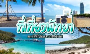 ภาพปะติดสถานที่ท่องเที่ยวพัทยา รวมถึง ที่เที่ยวพัทยา ชายหาด ต้นปาล์ม วิวทะเล และอาคารสูง พร้อมข้อความภาษาไทยและไอคอนกล้องซ้อนทับ.