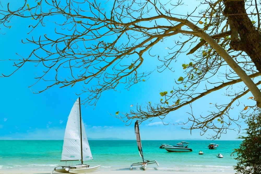 เรือใบขนาดเล็กสองลำและเรือยนต์หลายลำลอยอยู่ในน้ำสีฟ้าครามใกล้ เที่ยวพัทยา กับหาดทราย โดยมีกิ่งก้านของต้นไม้ยื่นออกไปในกรอบ เหมาะสำหรับทุกคนที่กำลังมองหาที่เที่ยวพัทยาติดทะเลเพื่อพักผ่อนอย่างสงบ.