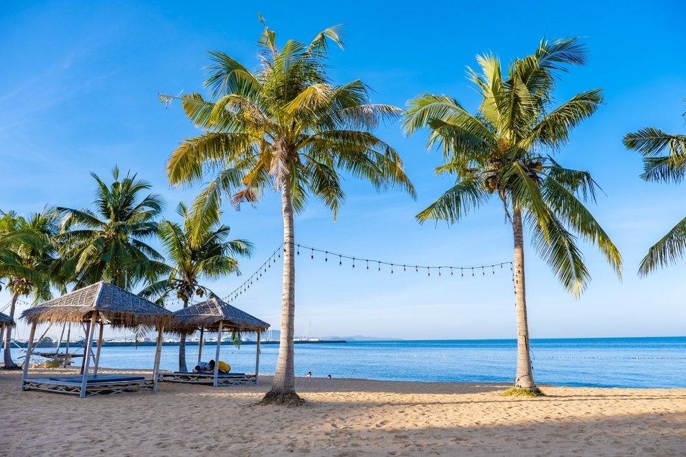 หาดทรายที่มีต้นปาล์ม กระท่อมมุงจาก 2 หลัง ไฟประดับ และท้องทะเลสีฟ้าอันเงียบสงบ ที่เที่ยวพัทยา ภายใต้ท้องฟ้าใส เหมาะสำหรับวันพักผ่อนที่เที่ยวพัทยาติดทะเล.