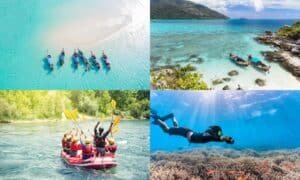 ภาพตัดต่อของกิจกรรม ท่องเที่ยวสตูล ทางน้ำกลางแจ้งสี่อย่างในสถานที่ท่องเที่ยวของจังหวัดสตูล: พายเรือคายัคใกล้สันดอนทราย, พายเรือแคนูในน้ำใสสีฟ้า, ล่องแก่งในแม่น้ำ, และดำน้ำตื้นเหนือแนวปะการัง.