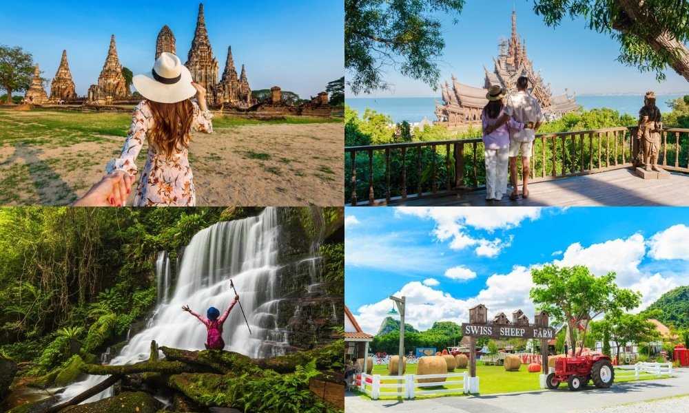 คอลลาจของสี่จุดหมายปลายทางท่องเที่ยว: ซากปรักหักพังของวัดโบราณ, วัดไม้แกะสลักอย่างสวยงาม, คนที่น้ำตก, และฟาร์มแกะกลางแจ้งสีสันสดใส—เหมาะสำหรับคนที่มองหาสถานที่ท่องเที่ยวใกล้กรุงเทพธรรมชาติ!.