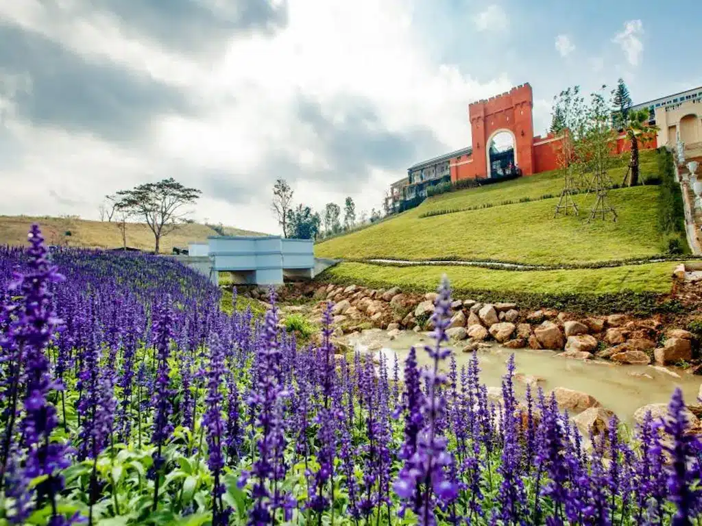 ทุ่งดอกไม้สีม่วงในเบื้องหน้า, ลำธารเล็ก ๆ, เนินเขาหญ้าลาดเอียง, และอาคารสีแดงที่มีซุ้มโค้งใต้ท้องฟ้าที่มีเมฆบางส่วน ชวนให้นึกถึงเสน่ห์อันเงียบสงบของ รีสอร์ทภูทับเบิก .