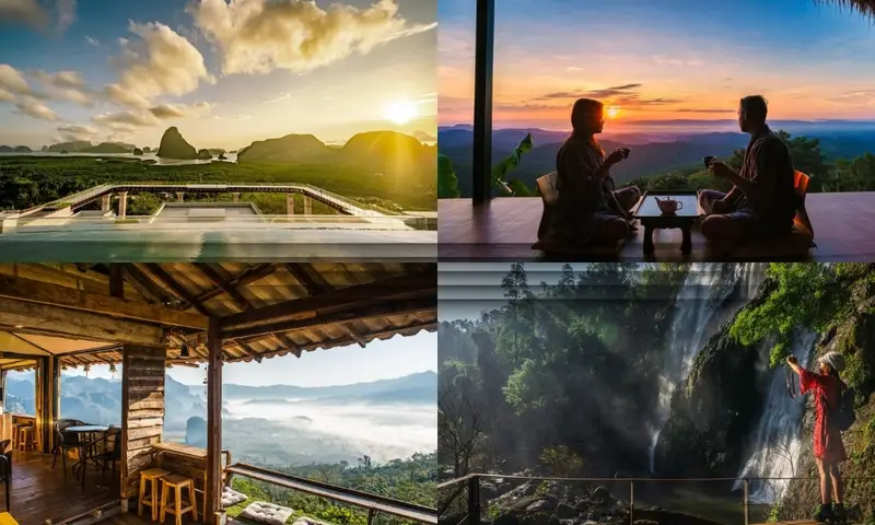 ภาพตัดปะสี่ภาพที่แสดงทิวทัศน์เขตร้อน: พระอาทิตย์ขึ้นเหนือภูเขา, คนสองคนดื่มชาตอนพระอาทิตย์ตก, ลานไม้ที่มีเนินเขาหมอกปกคลุม, และคนใกล้กับน้ำตก—เหมาะสำหรับคู่รักที่กำลังมองหาสถานที่ท่องเที่ยวในฤดูฝนที่โรแมนติก.