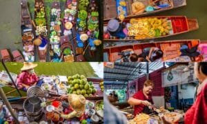 ภาพตัดต่อของฉากที่มีชีวิตชีวาที่ตลาดน้ำใกล้กรุงเทพฯ (ตลาดน้ำใกล้กรุงเทพ) ซึ่งมีพ่อค้าแม่ค้าขายผลไม้ ผัก และอาหารจากเรือและแผงลอย.
