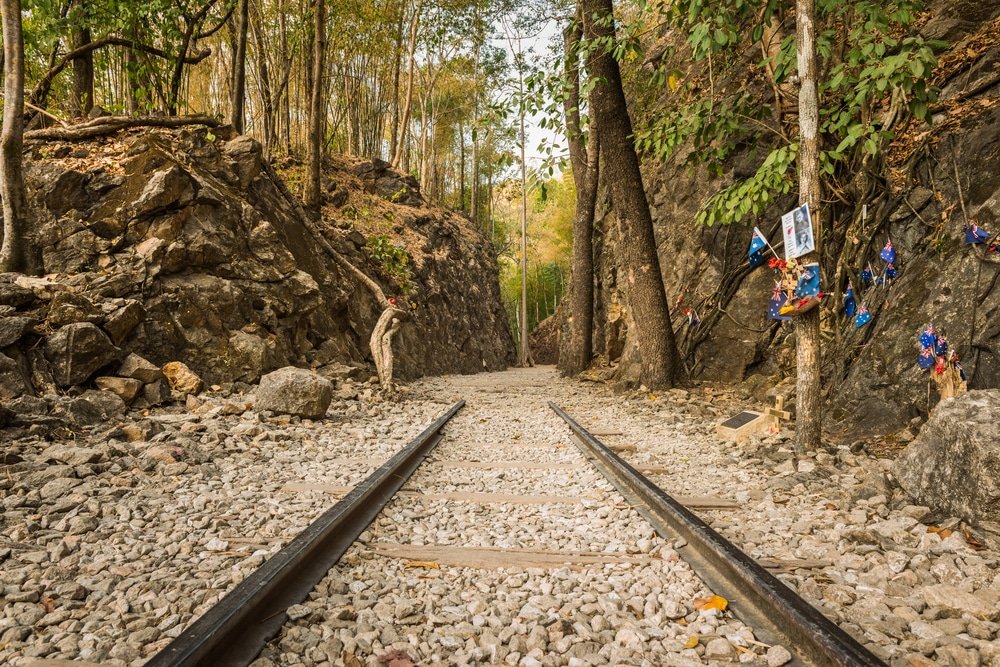 รางรถไฟที่ถูกทิ้งร้างทอดยาวผ่านช่องเขาที่ขรุขระและเรียงรายไปด้วยต้นไม้—หนึ่งในสถานที่ท่องเที่ยว ที่เที่ยวธรรมชาติ ธรรมชาติที่ซ่อนอยู่—มีภาพถ่ายและของตกแต่งเล็กๆ ติดอยู่บนต้นไม้ทางด้านขวา.