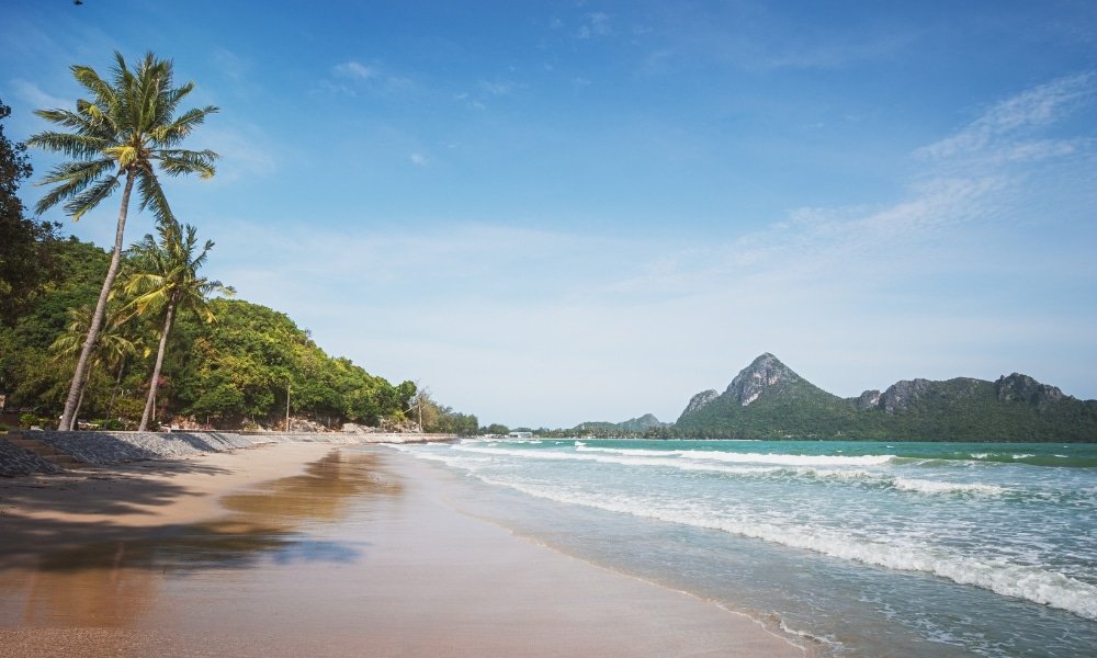 ชายหาดทรายที่มีคลื่นเบาๆ ต้นปาล์ม และเนินเขาสีเขียวเป็นฉากหลังภายใต้ท้องฟ้าสีฟ้าใส—เหมาะสำหรับผู้ที่ชื่นชอบการท่องเที่ยวธรรมชาติ.