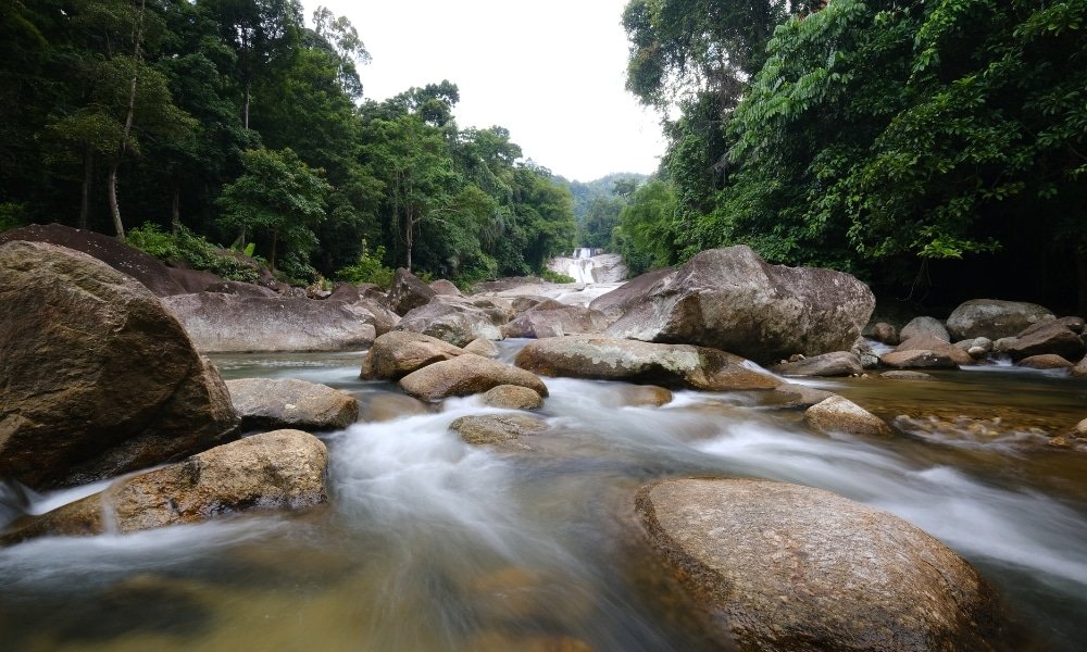 ลำธารใสไหลผ่านก้อนหินขนาดใหญ่พร้อมน้ำตกเป็นฉากหลัง ล้อม ที่เที่ยวปลายฝนต้นหนาว รอบด้วยป่าเขียวชอุ่มภายใต้ท้องฟ้าที่มีเมฆครึ้ม—เหมาะสำหรับการสัมผัสธรรมชาติและเป็นสถานที่ท่องเที่ยวยอดนิยมในช่วงปลายฤดูฝนต้นฤดูหนาวสำหรับผู้ที่รักการผจญภัย.