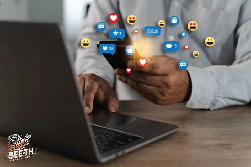 บุคคลหนึ่งกำลังใช้สมาร์ทโฟนอยู่หน้าแล็ปท็อป โดยมีไอคอนการแจ้งเตือนจากโซเชียลมีเดียลอยอยู่เหนือโทรศัพท์—อาจกำลังตรวจสอบสถิติจากบริการเพิ่มยอดวิวเว็บไซต์.