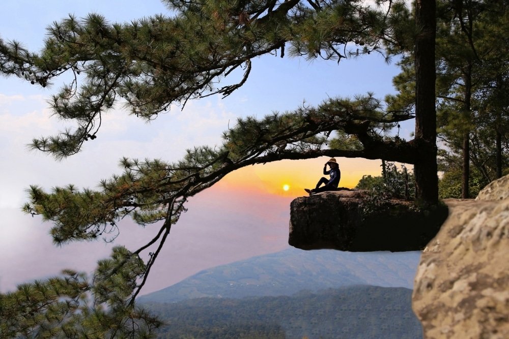 บุคคลหนึ่งนั่งอยู่บนขอบหินใต้ ที่เที่ยวปลายฝนต้นหนาว ต้นสน มองเห็นภูเขาและท้องฟ้ายามพระอาทิตย์ตก—เหมาะสำหรับคนรักการเดินทางที่กำลังมองหาสถานที่ท่องเที่ยวปลายฝนต้นหนาว ท่ามกลางบรรยากาศธรรมชาติสุดโรแมนติก.