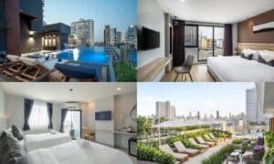 ภาพตัดต่อสี่ภาพที่แสดงให้เห็นสระว่ายน้ำบน พาตะลุย 25 โรงแรมกรุงเทพ สัมผัสวิวแม่น้ำเจ้าพระยาสุดอลัง! พักผ่อน ที่พักกรุงเทพ แบบครบทุกอารมณ์ ตั้งแต่สเตย์เคชันชิลๆ โรงแรมในกรุงเทพ ใจกลางเมืองนคร ดาดฟ้า ห้องพักโรงแรมสมัยใหม่สองห้อง และพื้นที่นั่งเล่นกลางแจ้งพร้อมวิวเมืองที่ โรงแรม 5 ดาวกรุงเทพ.