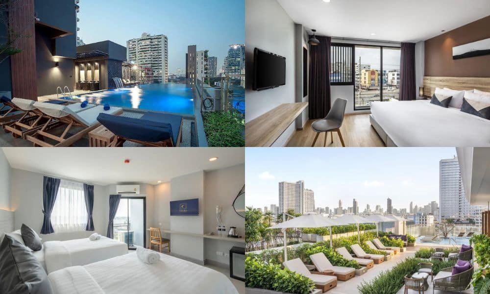 ภาพตัดต่อสี่ภาพที่แสดงให้เห็นสระว่ายน้ำบน พาตะลุย 25 โรงแรมกรุงเทพ สัมผัสวิวแม่น้ำเจ้าพระยาสุดอลัง! พักผ่อน ที่พักกรุงเทพ แบบครบทุกอารมณ์ ตั้งแต่สเตย์เคชันชิลๆ โรงแรมในกรุงเทพ ใจกลางเมืองนคร ดาดฟ้า ห้องพักโรงแรมสมัยใหม่สองห้อง และพื้นที่นั่งเล่นกลางแจ้งพร้อมวิวเมืองที่ โรงแรม 5 ดาวกรุงเทพ.