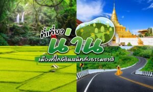 ภาพตัดปะที่มีน้ำตก ทุ่งข้าวเขียวขจี วัดสีทอง และถนน พร้อมข้อความภาษาไทยเชิญชวนให้คุณมาสำรวจ ที่เที่ยวน่าน และค้นพบความงามตามธรรมชาติที่จังหวัดน่านมีให้.