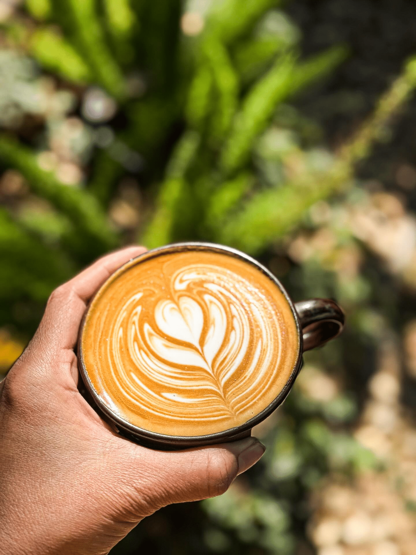 มือหนึ่งถือแก้วกาแฟที่มีลวดลายลาเต้อาร์ตเป็นรูปหัวใจ พร้อมฉากหลังเป็นต้นไม้สีเขียวเบลอ ๆ—เหมาะอย่างยิ่งสำหรับเช้าที่ผ่อนคลายก่อนออกไปสำรวจสถานที่ท่องเที่ยวในอยุธยา.