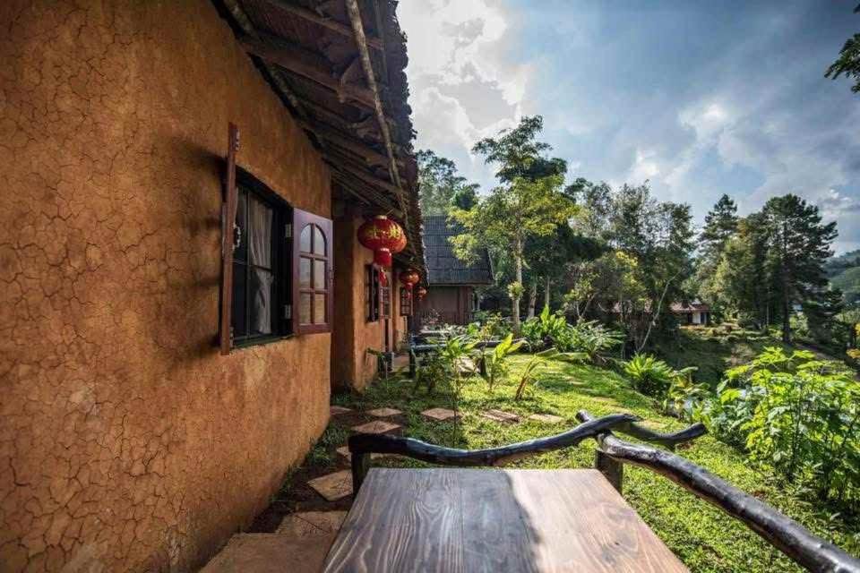 บ้านดินสไตล์ชนบทพร้อมหน้าต่างไม้และโคมไฟสีแดงตั้งอยู่ข้างโต๊ะไม้ ท่ามกลางต้นไม้และพืชสีเขียวภายใต้ท้องฟ้าที่มีเมฆบางส่วน—ภาพที่น่าดึงดูดสำหรับใครก็ตามที่ต้องการ เที่ยวอยุธยา.