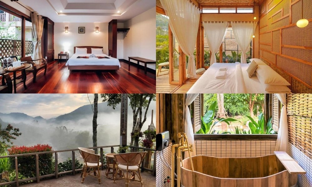 ภาพตัดต่อสี่ภาพ: สองภาพแสดงห้องนอนพร้อมเตียงขนาดใหญ่และการตกแต่งด้วยไม้ ที่พักน่าน; สองภาพแสดงที่นั่งกลางแจ้ง หนึ่งภาพมีวิวภูเขาและอีกภาพหนึ่งมีอ่างอาบน้ำไม้และพืชพรรณสีเขียว.