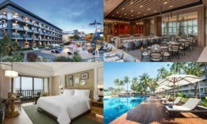 ภาพตัดต่อสี่ภาพที่แสดงที่พักหัวหินพร้อมสระว่ายน้ำ, พื้นที่รับประทานอาหารที่มีสไตล์, ห้องพักที่อบอุ่น, และสระว่ายน้ำกลางแจ้งที่ล้อมรอบด้วยเก้าอี้อาบแดดและร่ม.
