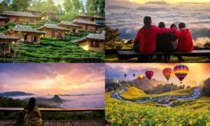 ภาพตัดต่อสี่ภาพ: บ้านแถวท่ามกลางธรรมชาติ, เพื่อนบนม้านั่งที่มองเห็นเมฆ, ผู้หญิงที่หันหน้าไปทางพระอาทิตย์ขึ้นในหมอก, และบอลลูนอากาศร้อนเหนือดอกไม้—ทั้งหมดนี้ถ่ายทอดเสน่ห์ของ แม่ฮ่องสอนที่เที่ยว.