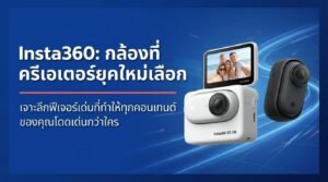 กราฟิกส่งเสริมการขายแสดงกล้อง Insta360 และหน้าจอที่แสดงภาพเซลฟี่กลุ่ม พร้อมข้อความภาษาไทยที่อธิบายจุดเด่นของกล้องบนพื้นหลังสีน้ำเงิน.