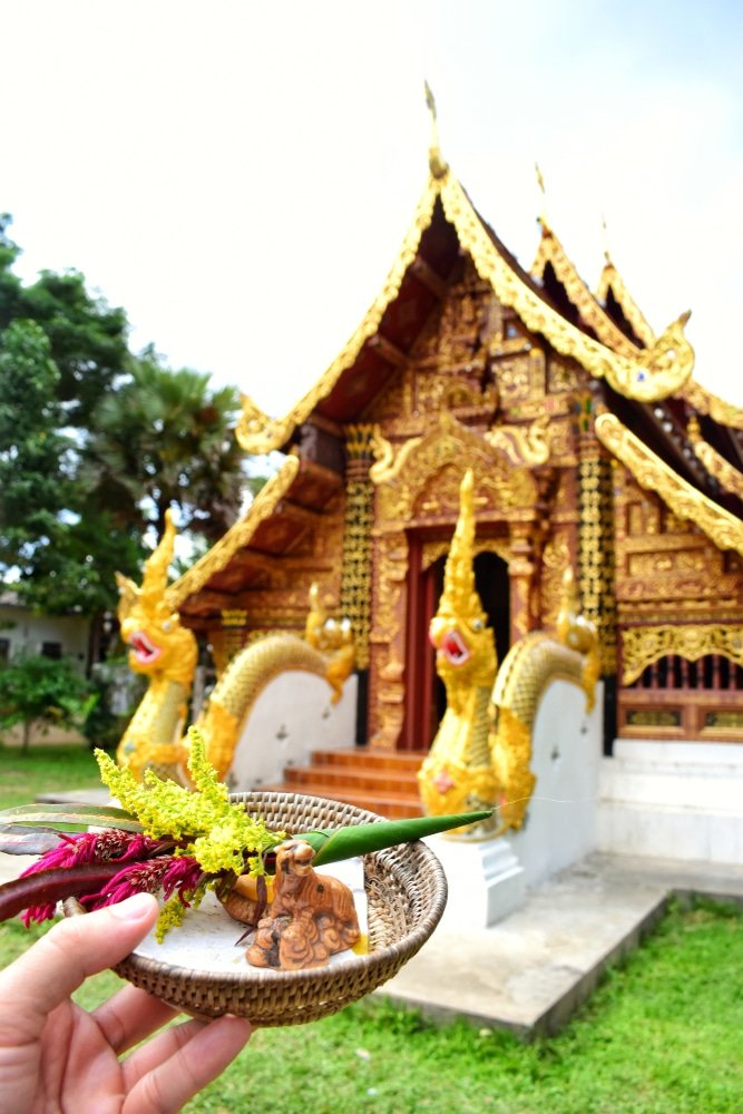 มือหนึ่งถือตะกร้าสานที่บรรจุของถวายอยู่ด้านหน้าวัดทองคำที่ประดับประดาด้วยรูปปั้นมังกร สื่อถึงแก่นทางจิตวิญญาณของการท่องเที่ยวอยุธยา.