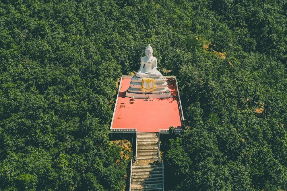 พระพุทธรูปขนาดใหญ่สีขาวตั้งอยู่บนแท่นสีแดง ล้อมรอบด้วยป่าเขียวชอุ่ม มองจากมุมสูง บันไดยาวทอดขึ้นไปยังพระพุทธรูป ทำให้เป็นสถานที่เงียบสงบสำหรับผู้ที่ต้องการเที่ยวอยุธยาและสำรวจสถานที่ท่องเที่ยวในอยุธยา.