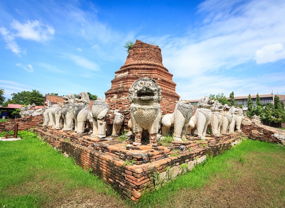เจดีย์อิฐโบราณล้อมรอบด้วยรูปปั้นสิงโตหินที่ผุกร่อนใต้ท้องฟ้าสีคราม พร้อมด้วยหญ้าเขียวในเบื้องหน้า—สถานที่ท่องเที่ยวอยุธยาที่ต้องไปเยือนสำหรับผู้รักประวัติศาสตร์.