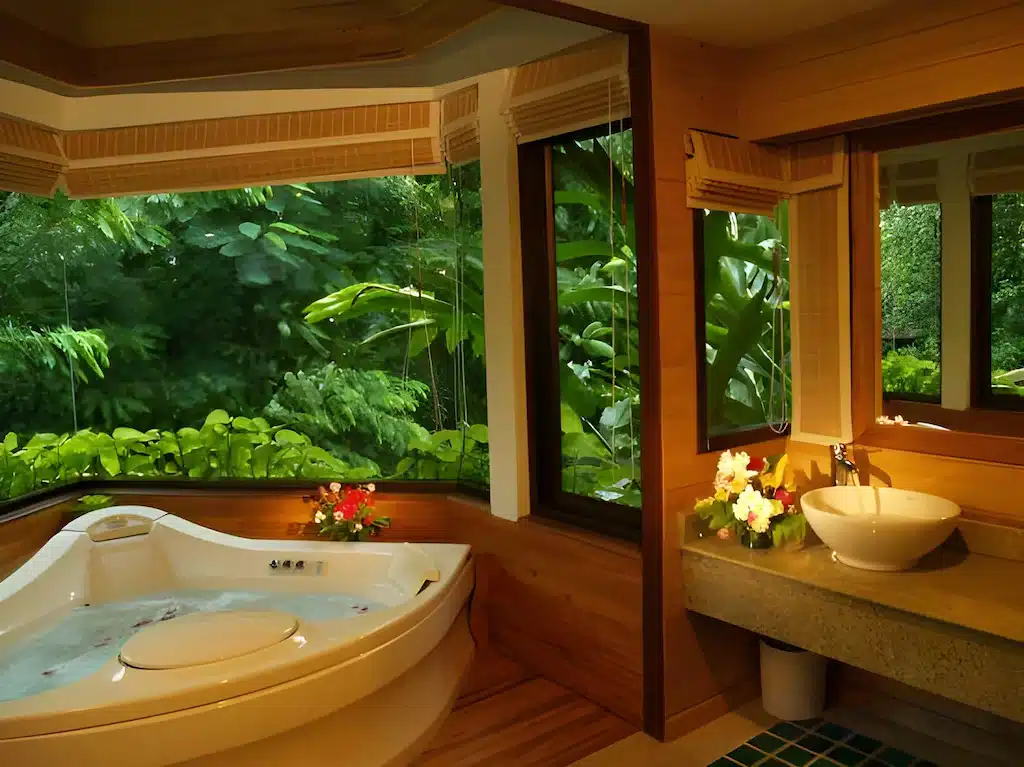 ห้องน้ำสไตล์โมเดิร์นที่โรงแรมติดทะเลพัทยา มีอ่างจากุซซี่แบบมุมและอ่างล้างหน้าประดับด้วยดอกไม้ พร้อมหน้าต่างบานใหญ่ที่มองเห็นวิวต้นไม้เขียวชอุ่มภายนอก.