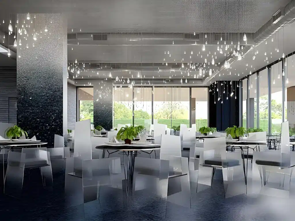 พื้นที่รับประทานอาหารสมัยใหม่พร้อมเก้าอี้โปร่งใส โต๊ะกลมที่วางด้วยต้นไม้ในกระถาง หน้าต่างบานใหญ่ และโคมไฟแขวนเพดาน—เหมาะอย่างยิ่งสำหรับเช้าที่ผ่อนคลายที่ โรงแรมติดทะเลพัทยา.