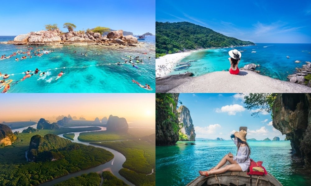 ภาพตัดปะของสี่ฉากการเดินทางในเขตร้อน: การดำน้ำตื้น, ผู้หญิงนั่งอยู่บนก้อนหินริมทะเล, แม่น้ำที่ไหลผ่านทิวทัศน์สีเขียว, และผู้หญิงบนเรือในน้ำทะเลใสสีฟ้า—เน้นให้เห็นสถานที่ท่องเที่ยวภาคใต้ในแบบที่ดีที่สุด.