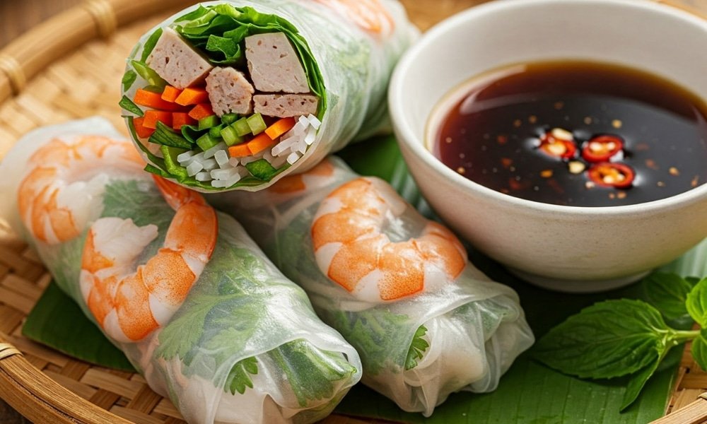 ปอเปี๊ยะเวียดนามสามชิ้นที่ใส่กุ้ง ผัก และเนื้อหมู ถูกจัดวางบนจานข้างๆ ชามน้ำจิ้มที่ตกแต่งด้วยพริกหั่นบาง — เป็นอาหารเรียกน้ำย่อยที่อร่อย ซึ่งคุณอาจเพลิดเพลินได้ขณะเที่ยวชมสถานที่ท่องเที่ยวขอนแก่น หรือหลังจากใช้เวลาทั้งวันไปสำรวจสถานที่ท่องเที่ยวเชียงคาน 