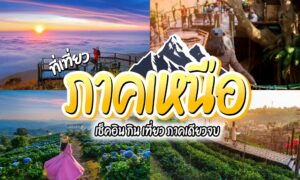 ภาพคอลลาจจากสี่ภาพที่แสดงผู้คนกำลังท่องเที่ยวสถานที่ท่องเที่ยวที่สวยงามในภาคเหนือของไทย พร้อมด้วยข้อความภาษาไทยที่ออกแบบให้ดูมีสไตล์วางอยู่ตรงกลางภาพ ซึ่งเป็นส่วนหนึ่งของคู่มือท่องเที่ยวภาคเหนือ.