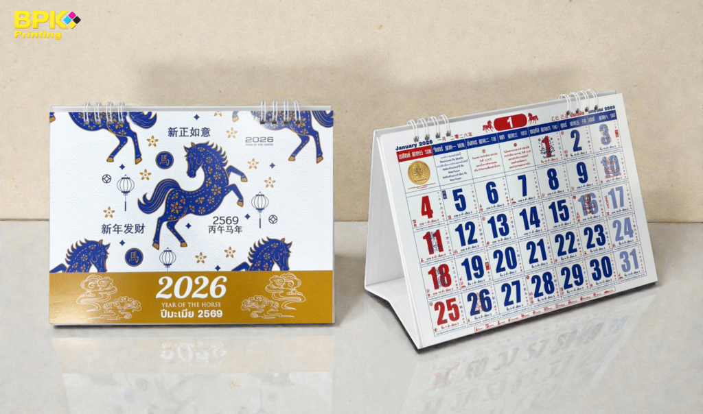 ปฏิทินตั้งโต๊ะสองเล่มสำหรับปี 2026 ถูกจัดวางไว้ข้างกัน; เล่มหนึ่งมีภาพวาดม้า ส่วนอีกเล่มแสดงเดือน วันที่ และรายละเอียดปฏิทินจันทรคติไทยด้วยตัวอักษรสีน้ำเงินและสีแดง.