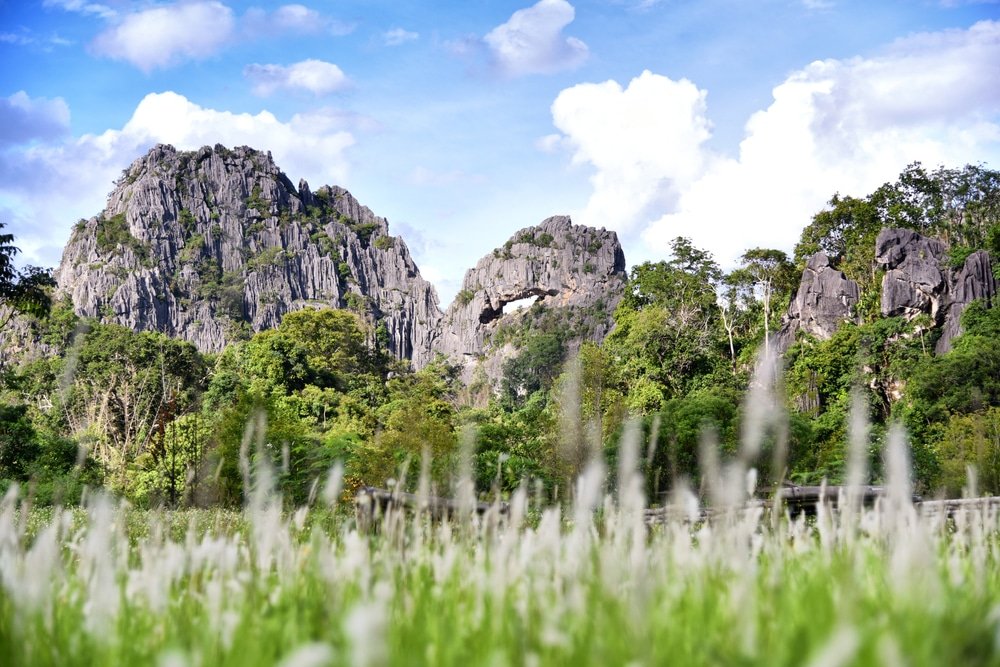 ภูเขาหินปูนที่ปกคลุมด้วยต้นไม้ตั้งตระหง่านอยู่เบื้องหลังทุ่งหญ้าสูง ใต้ท้องฟ้าสีครามที่มีเมฆกระจายตัว สร้างทัศนียภาพอันสงบเงียบ ทำให้สถานที่นี้กลายเป็นจุดหมายที่ห้ามพลาดสำหรับใครก็ตามที่กำลังมองหา ที่เที่ยววเชียงคาน