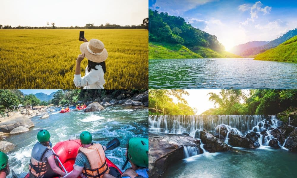 ภาพคอลลาจ 4 แผ่น ที่แสดงภาพบุคคลในทุ่งหญ้าสีทอง ทะเลสาบที่ล้อมรอบด้วยภูเขา การล่องแก่งในน้ำเชี่ยว และน้ำตกขนาดเล็ก ซึ่งเน้นย้ำถึงสถานที่ท่องเที่ยวยอดนิยมในนครนายก.
