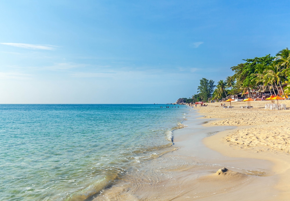 ชายหาดทรายที่มีร่มสีส้มและต้นปาล์มทอดตัวลงสู่ทะเลสีฟ้า เป็นจุดชมวิวที่สวยงามสำหรับผู้ที่มาเยือน ที่เที่ยวเกาะสมุย 2026 